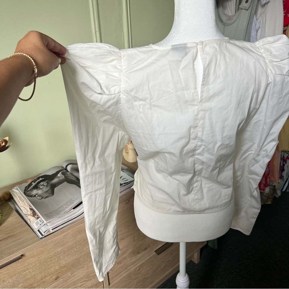 White Puff Long-Sleeve Ruched Detail Corset Modest Cute Blouse Shirt Top Sz M-L - Picture 8 of 15